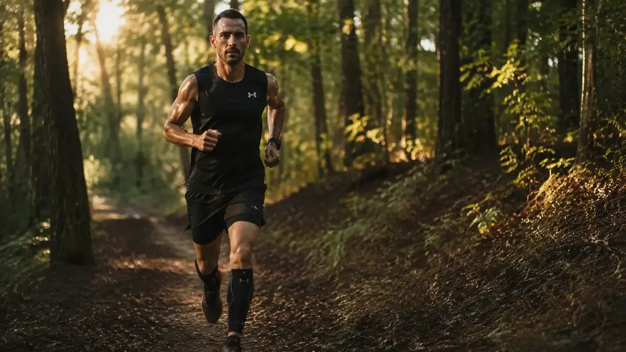 Runner on a trail wearing calf compression sleeves, morning light through trees