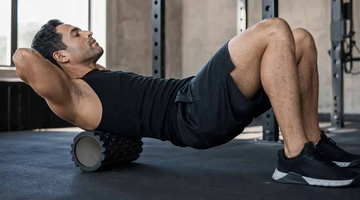 Athlete foam rolling thoracic spine on a TriggerPoint GRID roller on a gym floor, morning light through windows