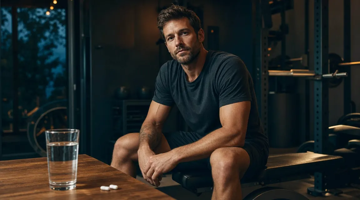 Athlete resting on a gym bench at night with a glass of water and white supplement capsules on a wooden surface beside them