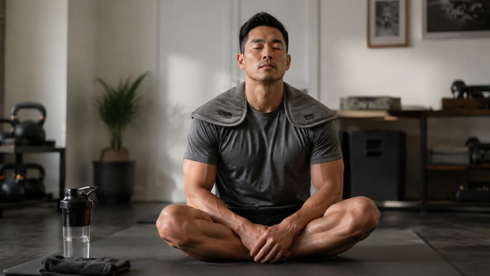 Athlete sitting on a foam mat post-workout, eyes closed, heating pad on their upper back, relaxed expression
