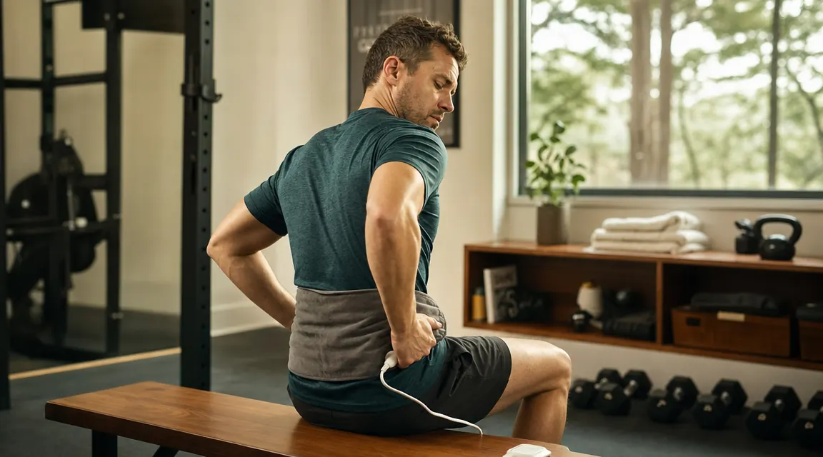 Person resting a moist heating pad on their lower back while seated on a bench in a home gym