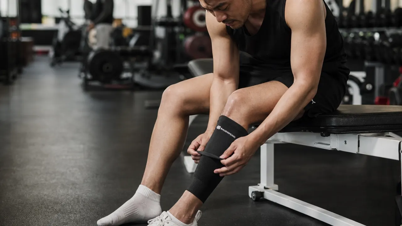Athlete sitting on a gym bench pulling on a calf compression sleeve after a workout