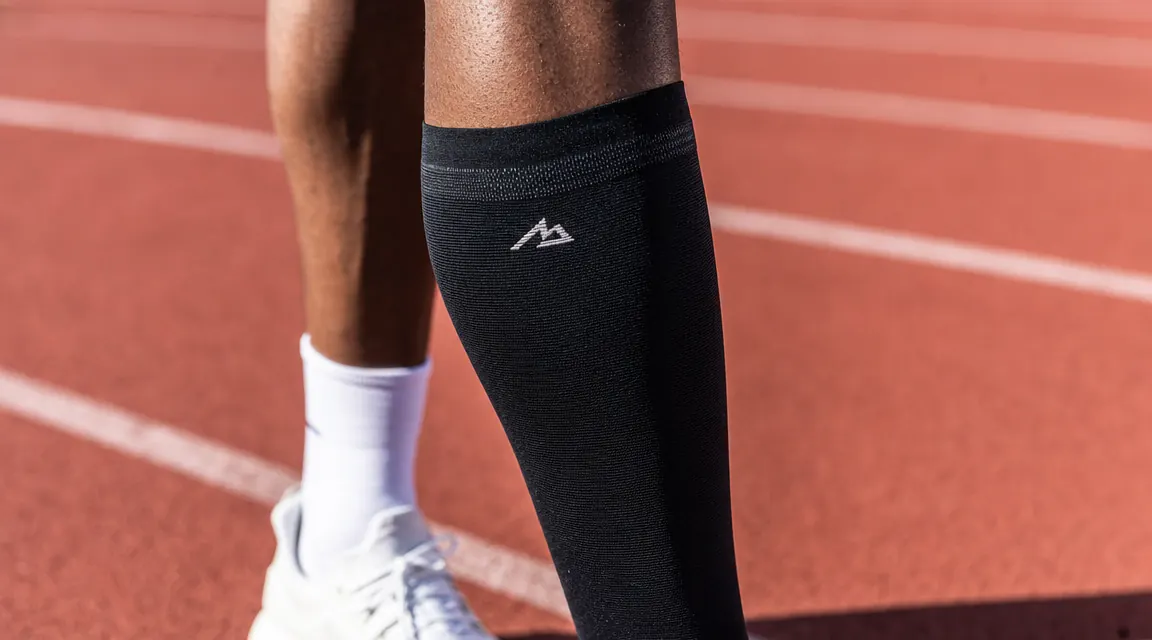 BLITZU calf compression sleeve worn on a runner's lower leg against a track surface