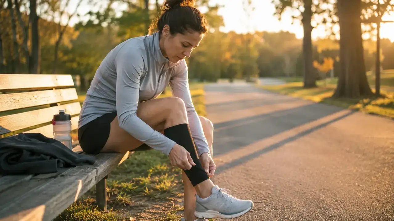 Runner tightening a black calf compression sleeve before an early morning run on a paved trail