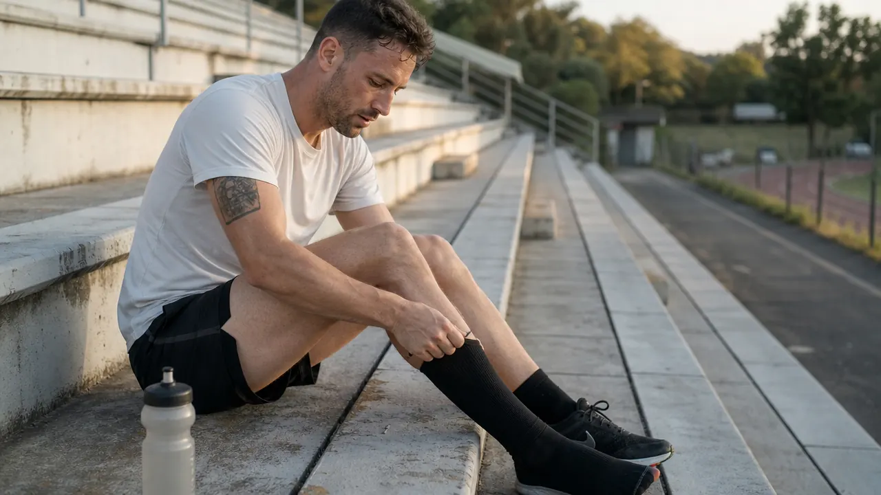 Runner sitting on track steps rolling down a black calf compression sleeve after a training run, trail in background