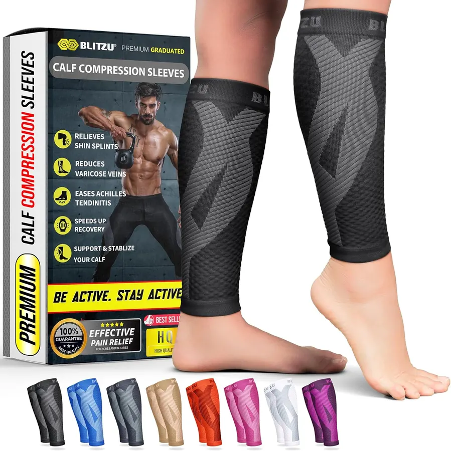 Close-up of a calf compression sleeve being pulled on over an athletic sock