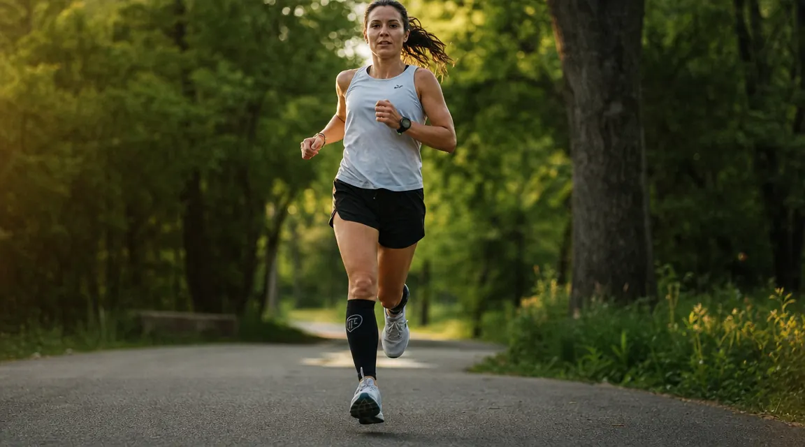 Runner on a paved trail in early morning light, low angle showing calf compression sleeve on both legs