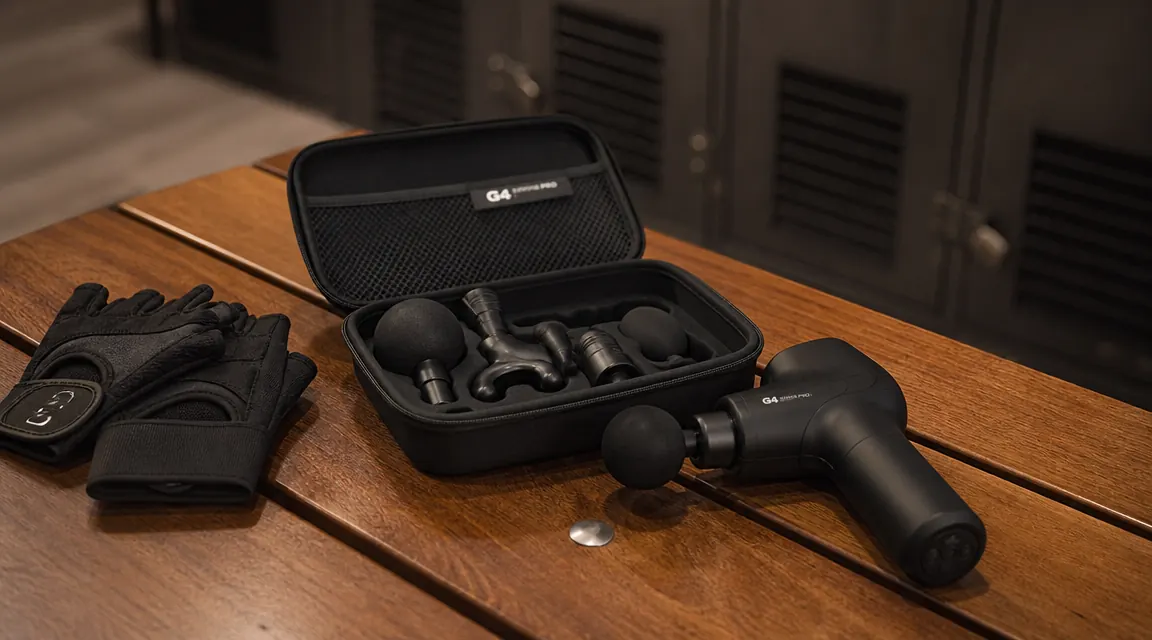 BOB AND BRAD Q2 Mini massage gun next to its carrying case on a gym locker bench with a pair of workout gloves