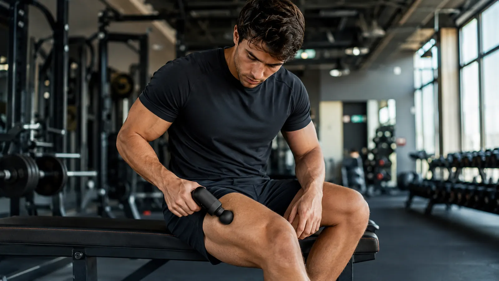 Person sitting on a gym bench in athletic shorts holding a small massage gun against their quad after a workout, natural window light