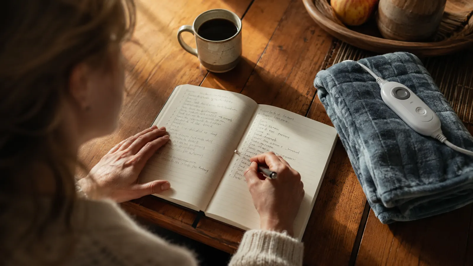 Kitchen table with a mug of coffee, a notebook, and a heating pad folded neatly nearby ,  morning recovery ritual