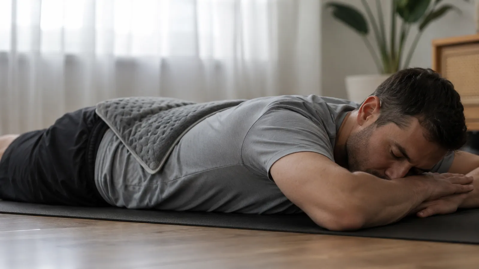 Person lying face-down on a mat with a heating pad placed across the lower back, soft warm light from a nearby window