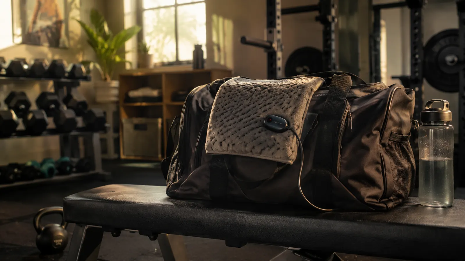 Deepsoon heating pad laid flat on a gym bag next to a foam roller and water bottle
