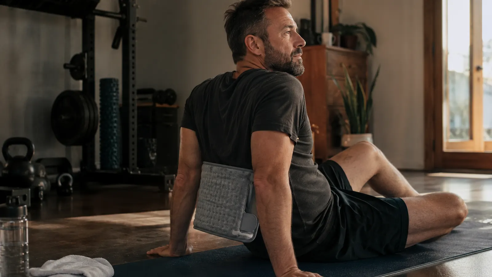 Heating pad draped across a person's lower back while they sit on a yoga mat in a home gym, soft morning light through a window