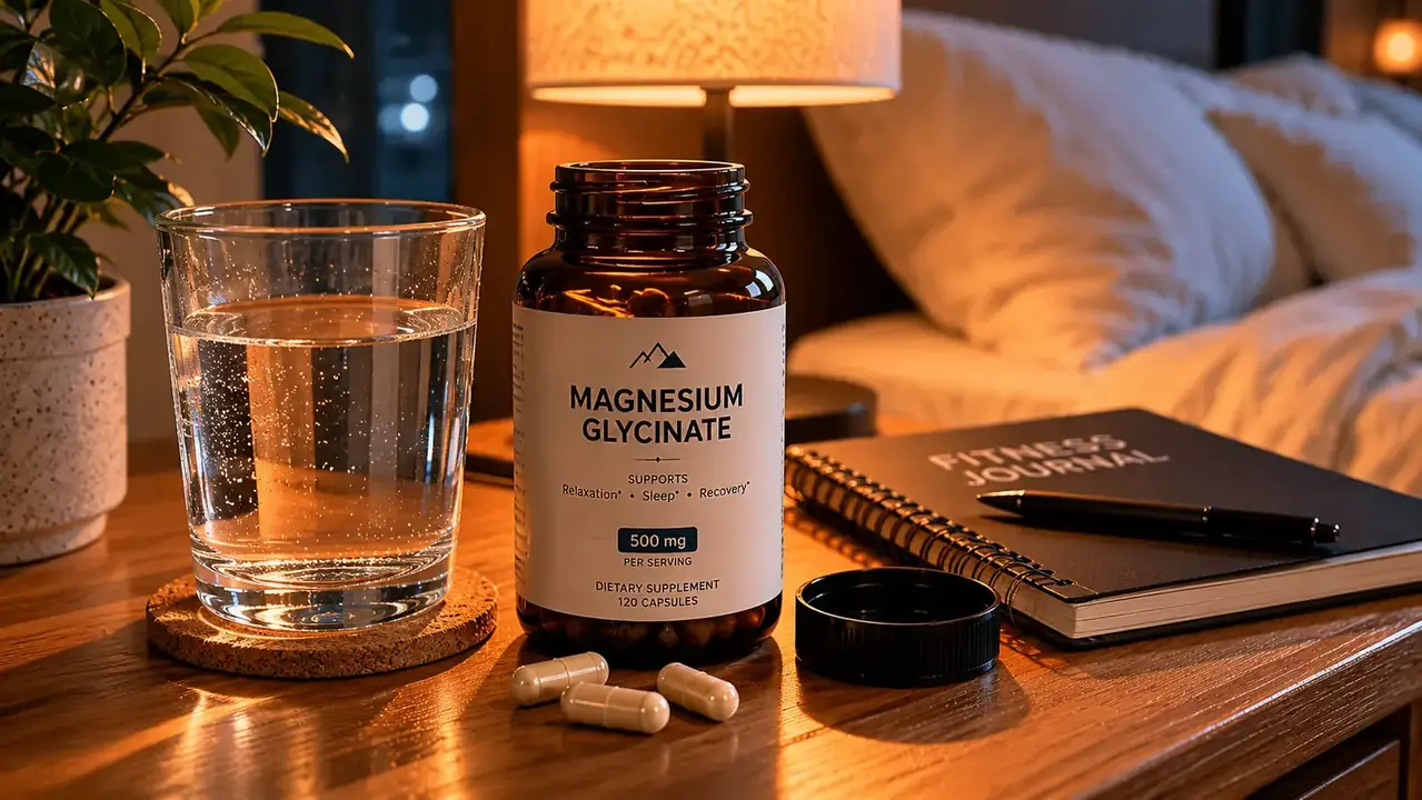 A bottle of magnesium glycinate capsules on a wooden bedside table next to a glass of water and a dim lamp at night