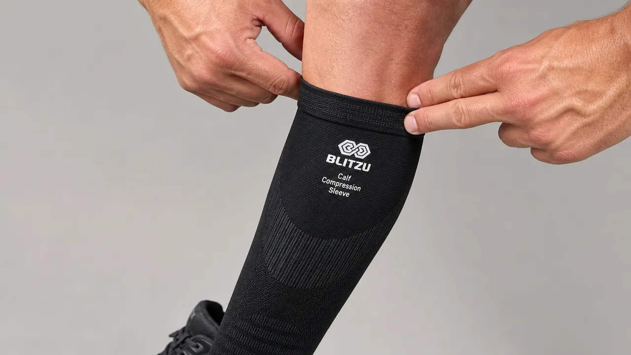 Close-up of hands checking two-finger clearance under a calf compression sleeve on a muscular lower leg