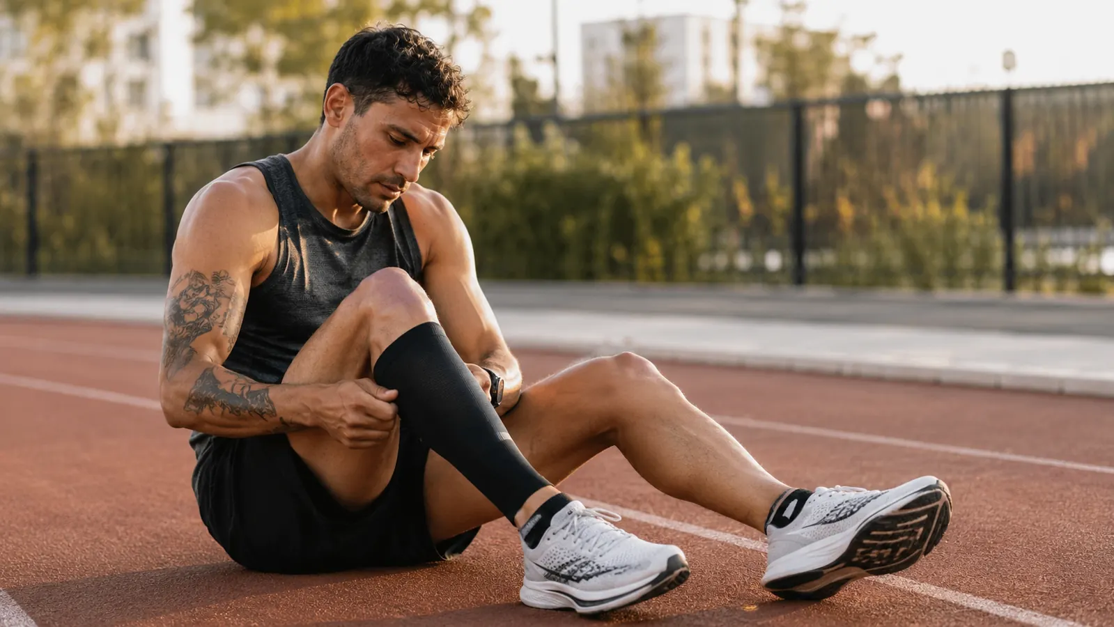 Runner sitting on a track post-run applying a black calf compression sleeve to their right leg, sneakers still on, golden hour light
