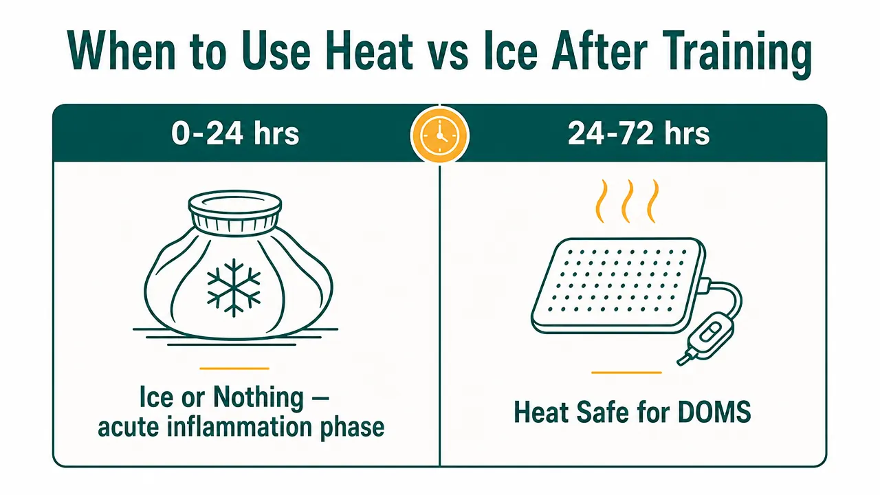 Chart showing heat therapy timing windows: acute phase 0-24 hours ice only, DOMS phase 24-72 hours heat safe