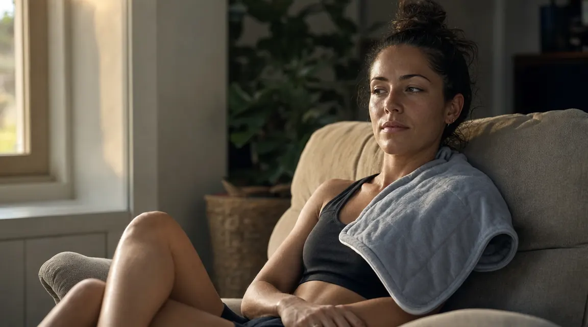 Person draping a heating pad over shoulder and upper trapezius while relaxing in a recliner