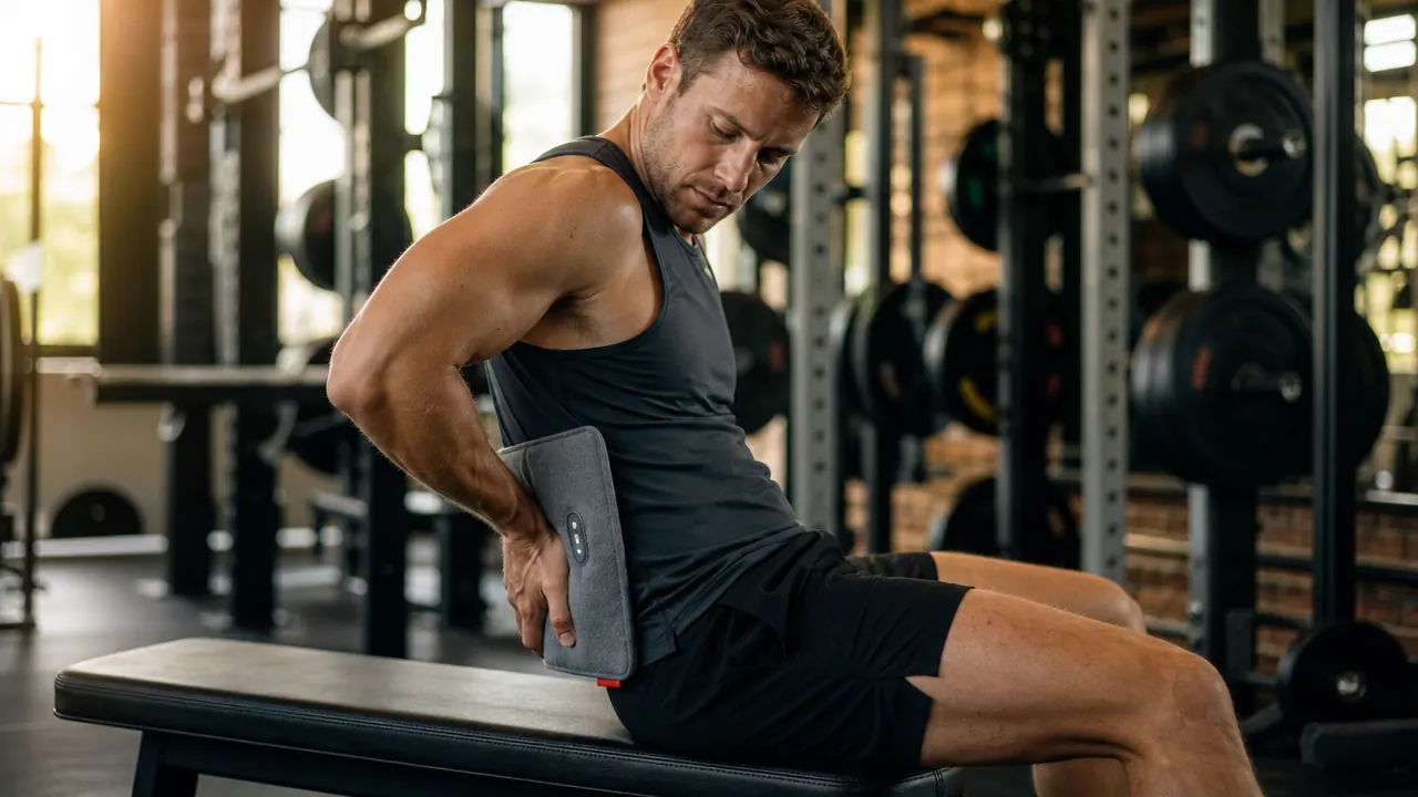 Athlete applying a heating pad to lower back while seated on a weight bench post-workout