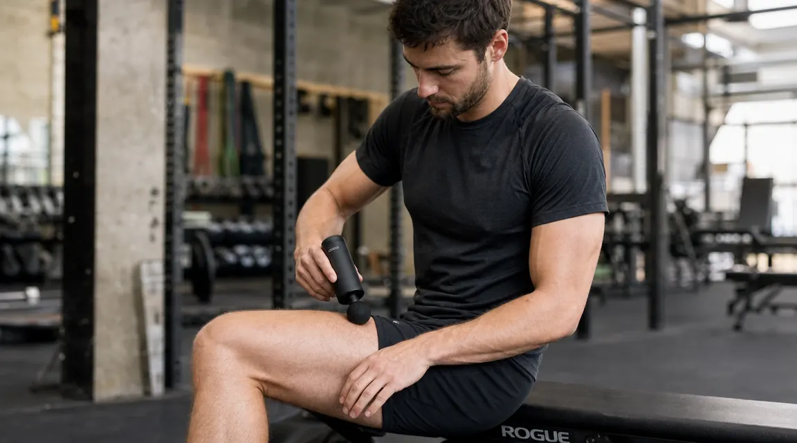 Person using a compact massage gun on their left quad after a gym session, seated on a weight bench