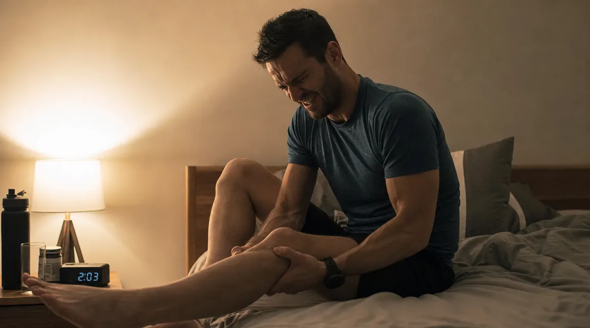 Runner sitting on a bed at night, gripping a cramped calf muscle, dim bedroom lighting