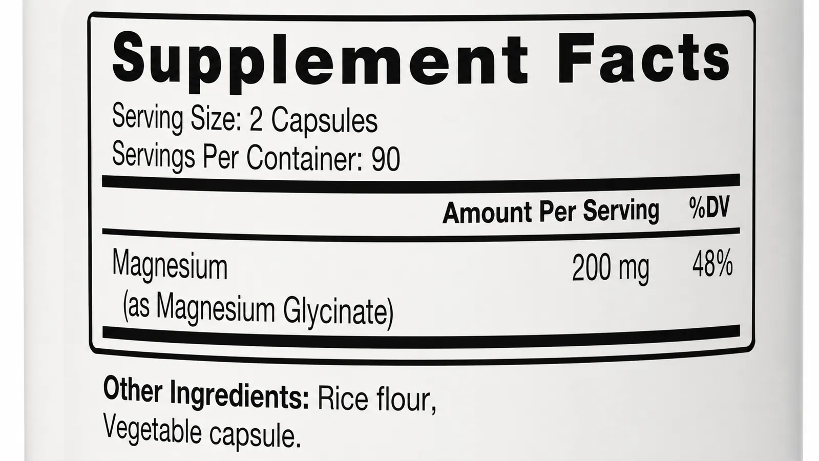 Nutrition label close-up showing supplement facts panel with magnesium glycinate listed under other ingredients