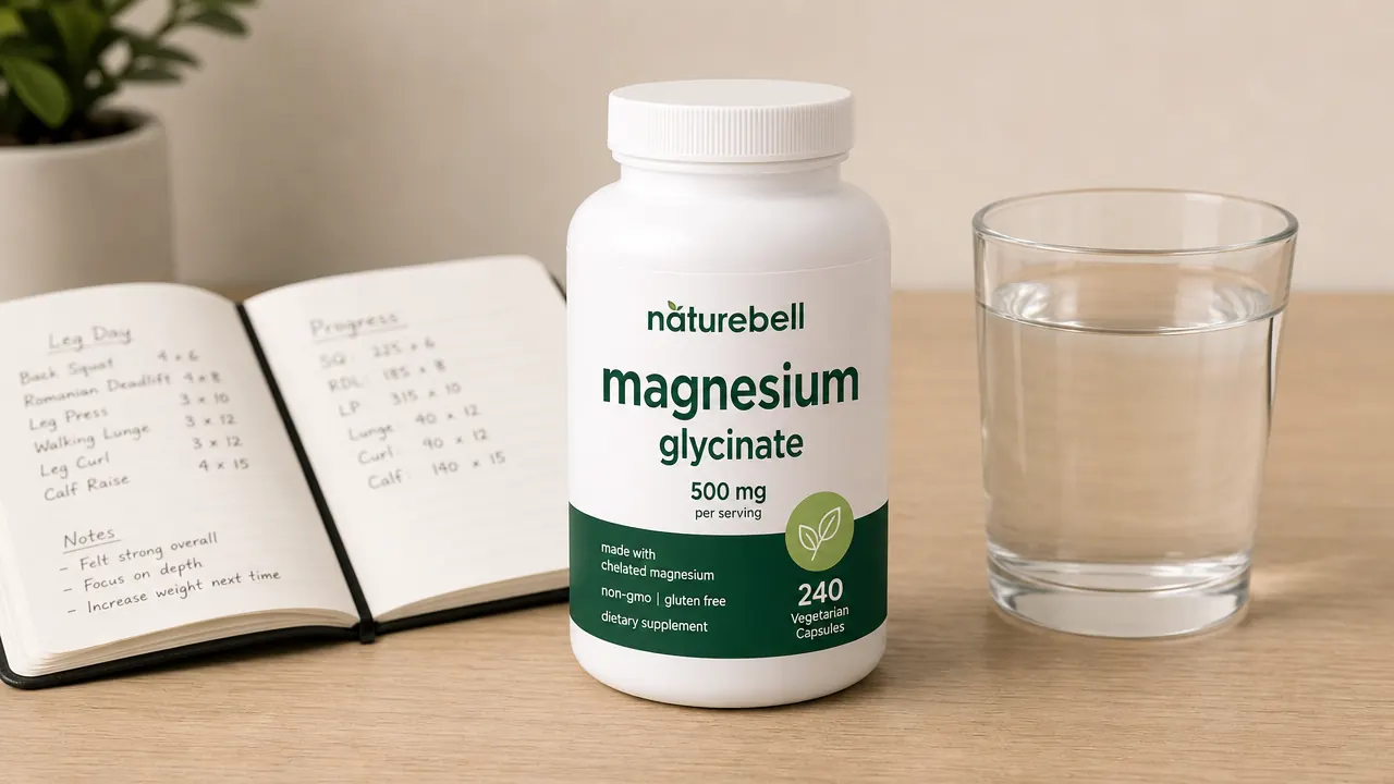 White supplement bottle of NatureBell Magnesium Glycinate on a wooden surface next to a glass of water and a training journal