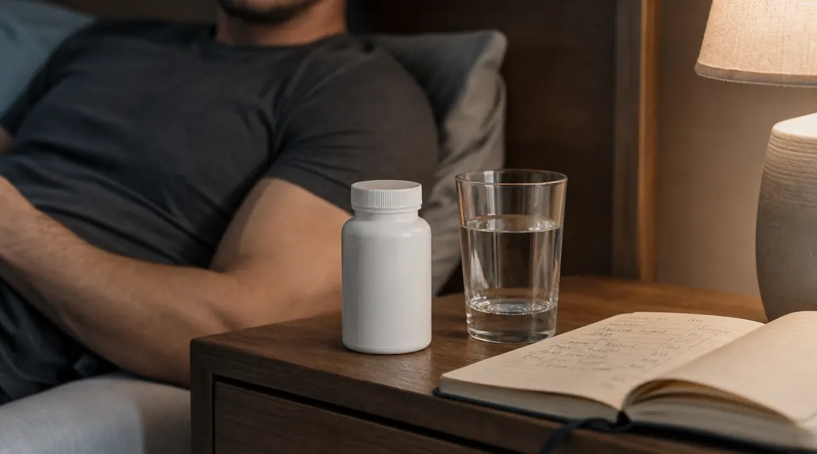 White bottle of NatureBell Magnesium Glycinate 500mg capsules on a wooden nightstand beside a glass of water and a training journal