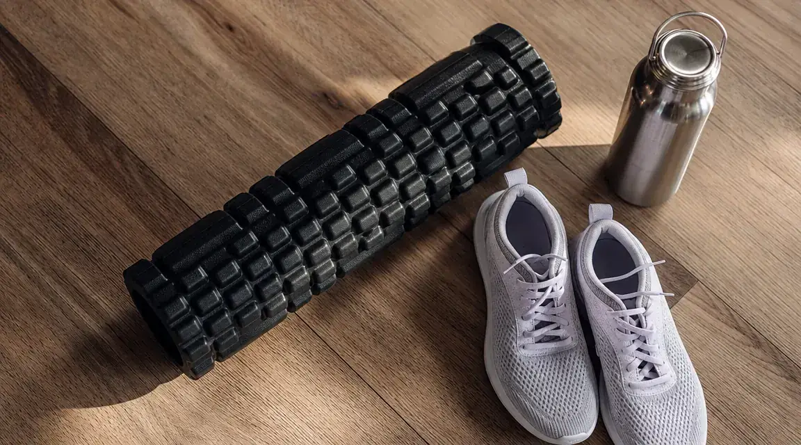 TriggerPoint GRID foam roller on a gym floor next to a water bottle and training shoes