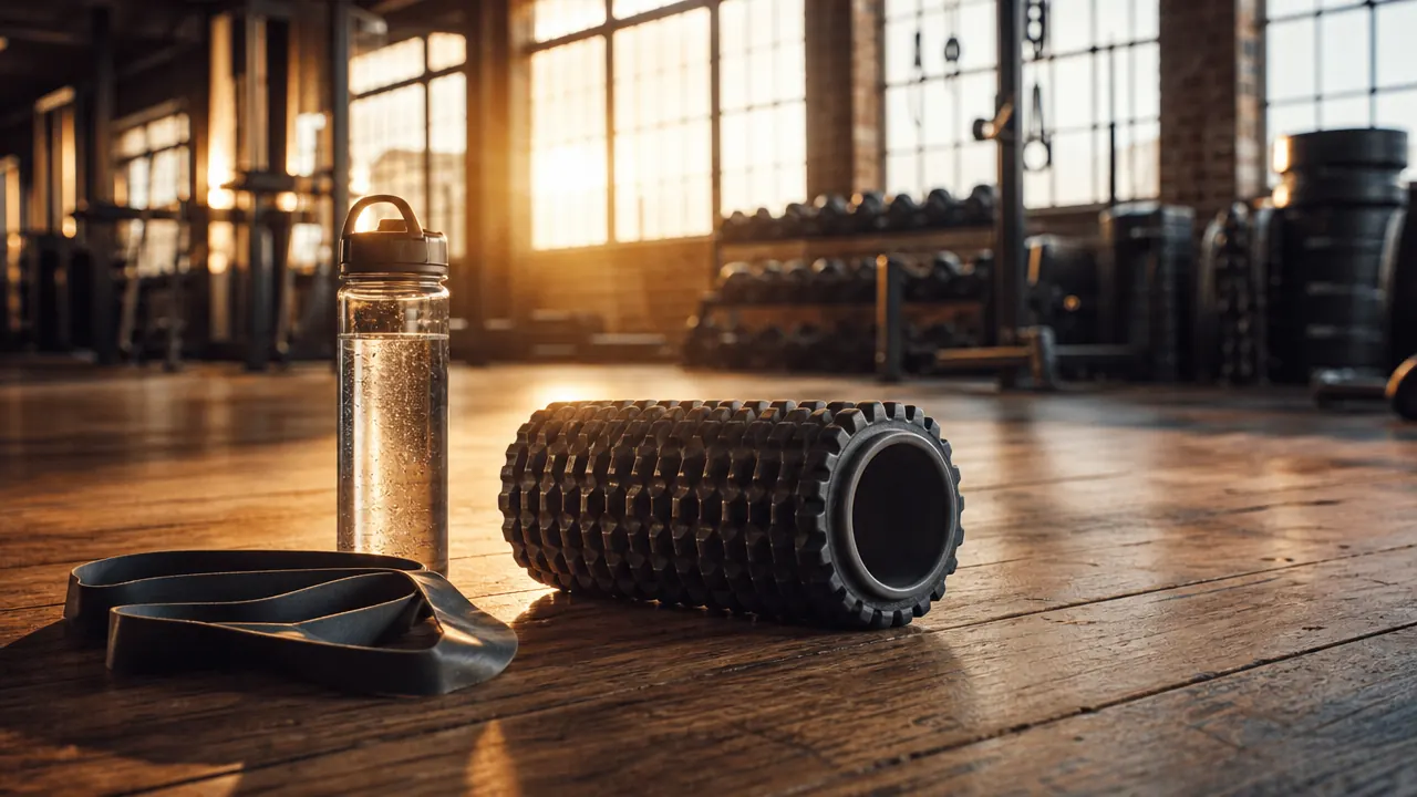 TriggerPoint GRID 1.0 foam roller on a gym floor next to a water bottle and resistance band