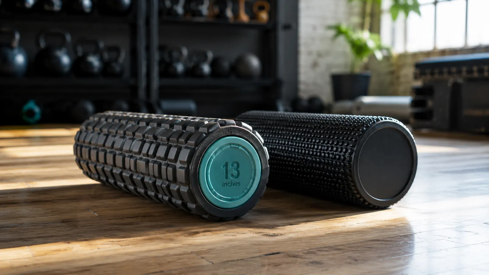 Two foam rollers side by side on a gym floor, one with a multi-density grid pattern and one with raised knobs
